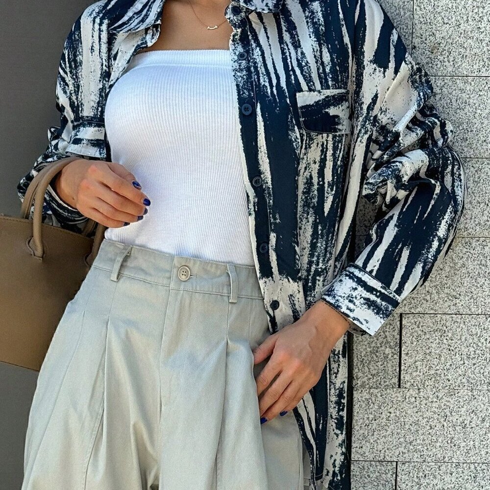 Royal Blue Casual Women's Random Print Loose Long Sleeve Shirt - Picture 5 of 8